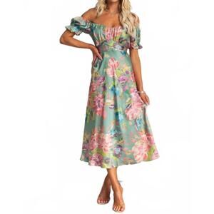 NEW ONE & ONLY amboise off shoulder dress in green multi